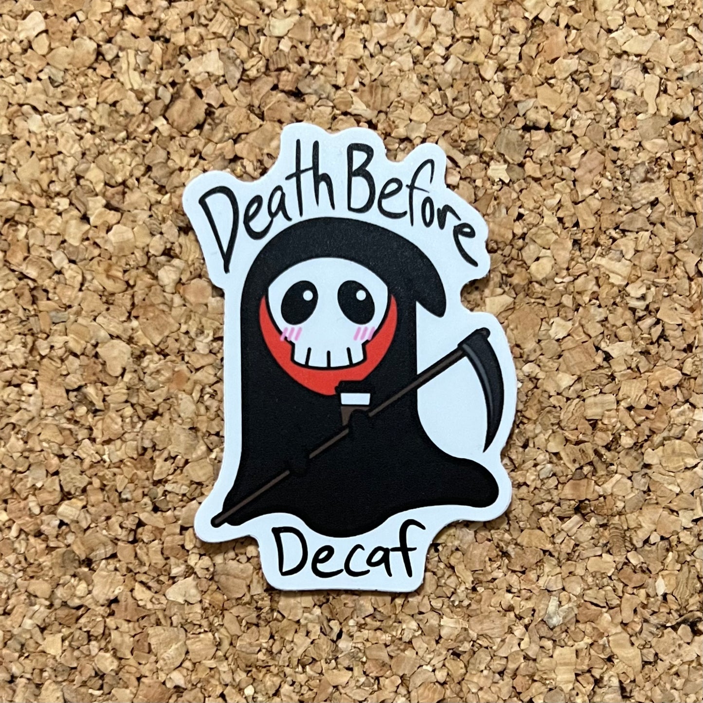 Death Before Decaf Kawaii Grim Reaper Coffee Sticker