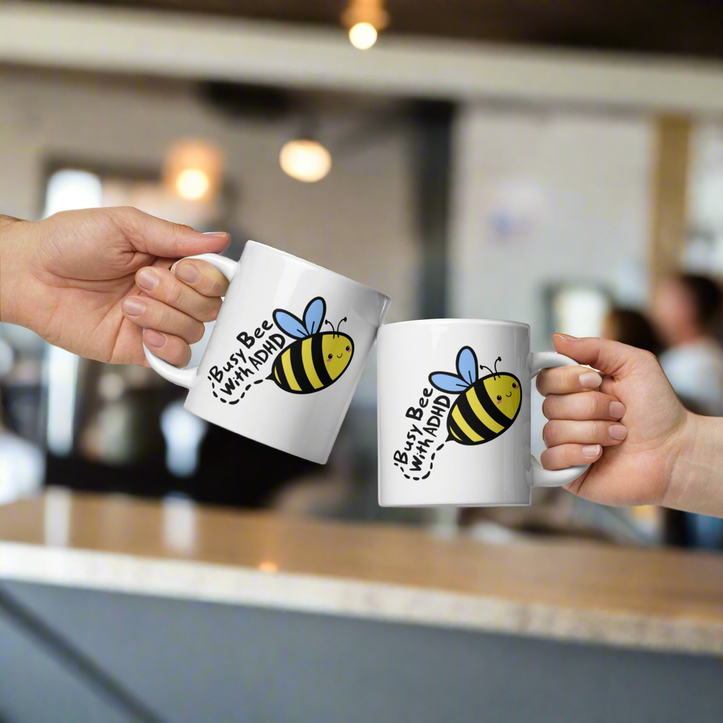 Busy Bee With ADHD White glossy mug